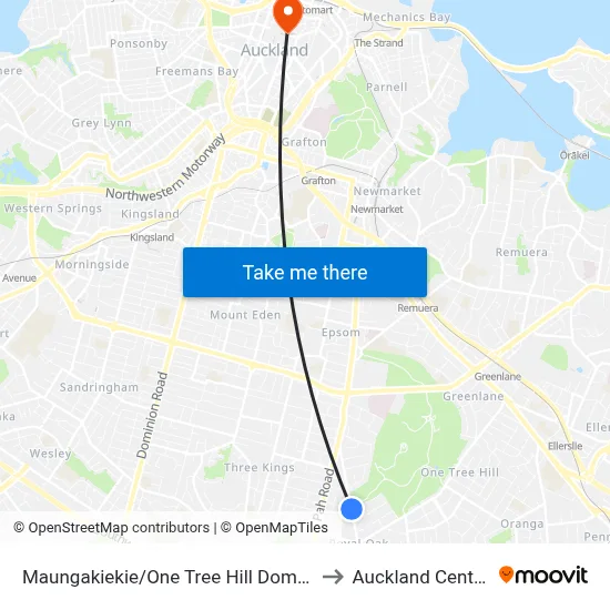 Maungakiekie/One Tree Hill Domain to Auckland Central map