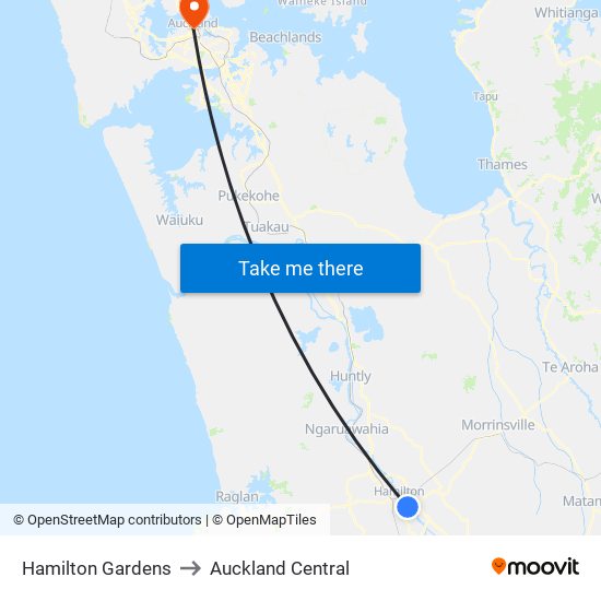 Hamilton Gardens to Auckland Central map