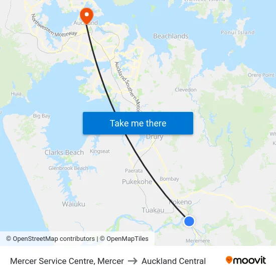 Mercer Service Centre, Mercer to Auckland Central map