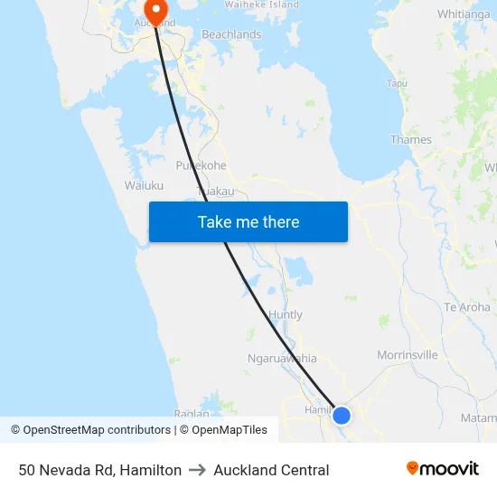 50 Nevada Rd, Hamilton to Auckland Central map