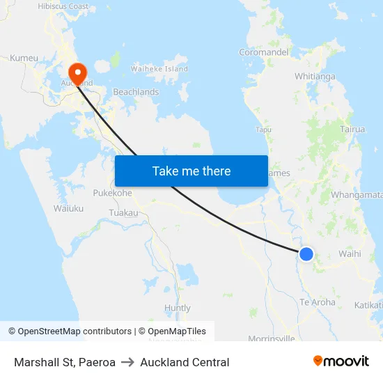 Marshall St, Paeroa to Auckland Central map