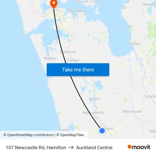 107 Newcastle Rd, Hamilton to Auckland Central map