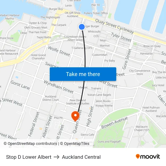 Stop D Lower Albert to Auckland Central map