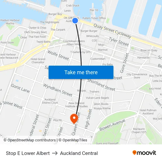 Stop E Lower Albert to Auckland Central map