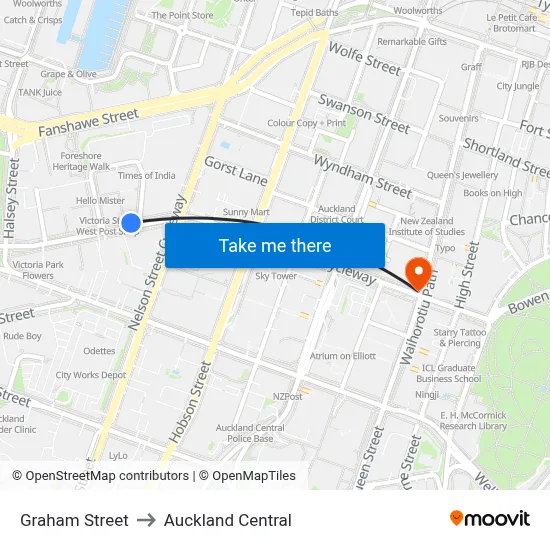 Graham Street to Auckland Central map