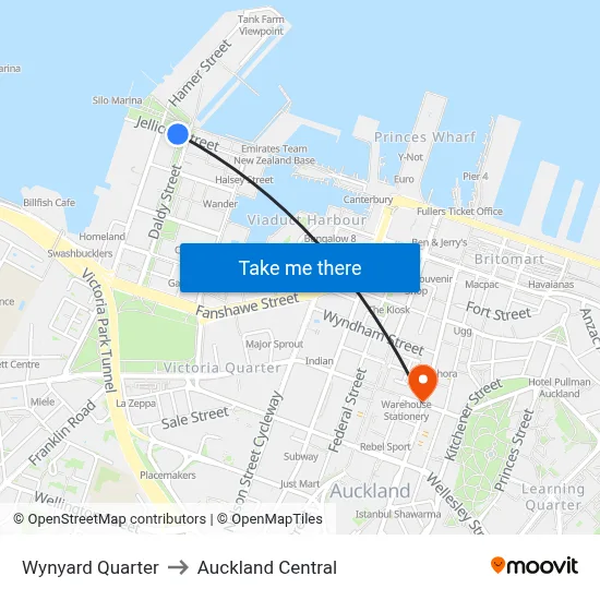 Wynyard Quarter to Auckland Central map