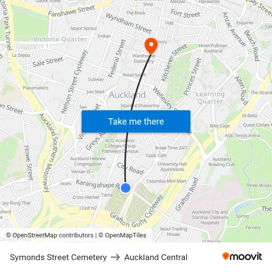 Symonds Street Cemetery to Auckland Central map