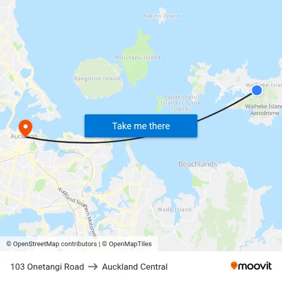103 Onetangi Road to Auckland Central map