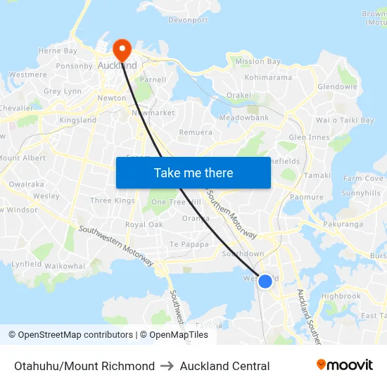Otahuhu/Mount Richmond to Auckland Central map