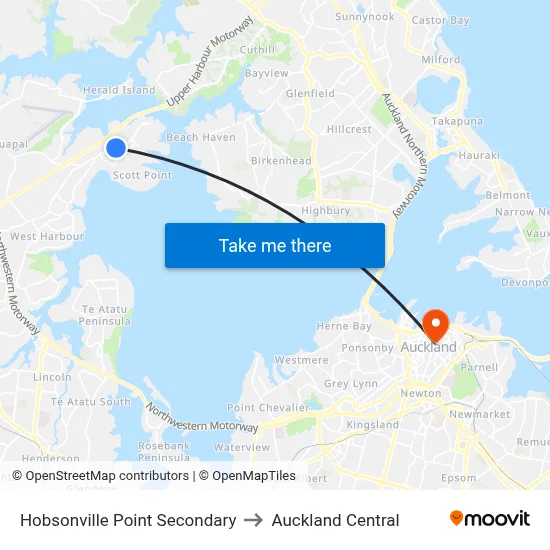 Hobsonville Point Secondary to Auckland Central map