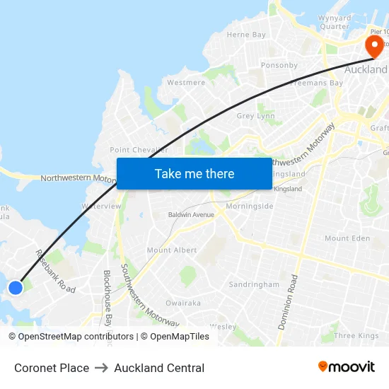 Coronet Place to Auckland Central map
