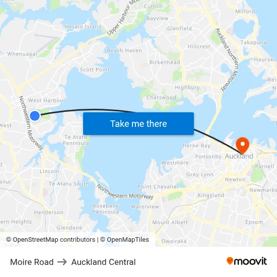 Moire Road to Auckland Central map