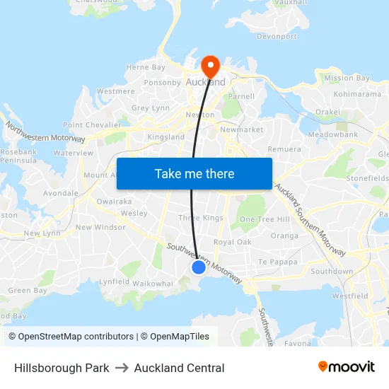 Hillsborough Park to Auckland Central map