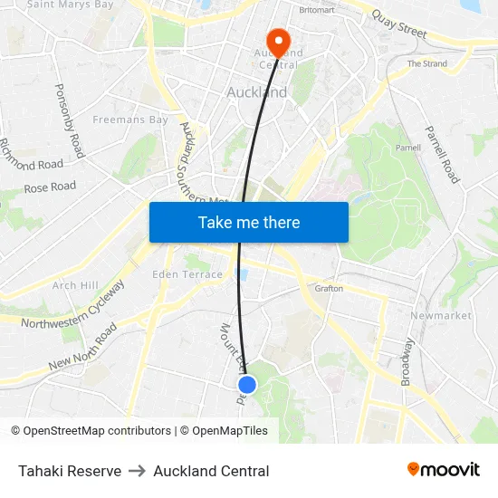 Tahaki Reserve to Auckland Central map
