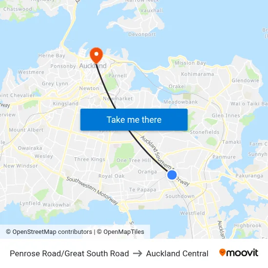 Penrose Road/Great South Road to Auckland Central map