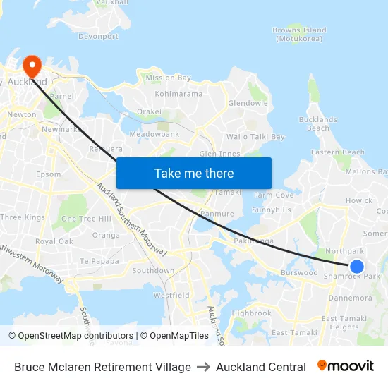 Bruce Mclaren Retirement Village to Auckland Central map