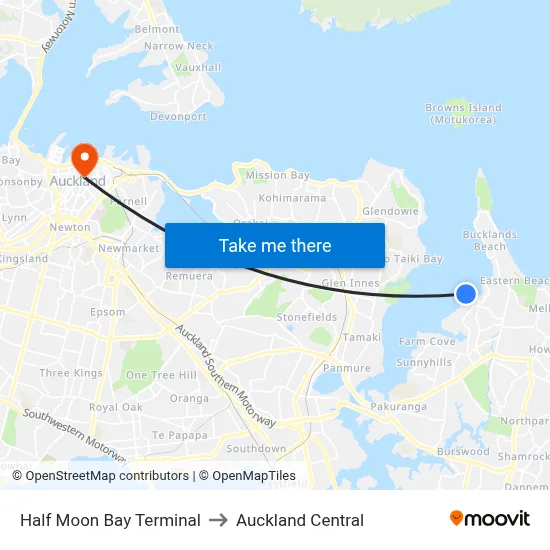 Half Moon Bay Terminal to Auckland Central map