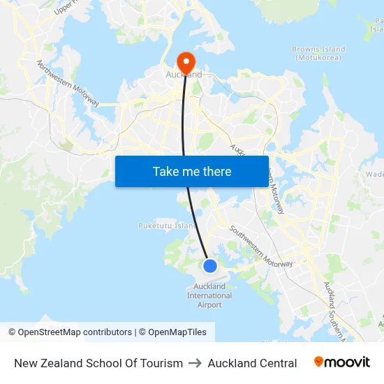 New Zealand School Of Tourism to Auckland Central map