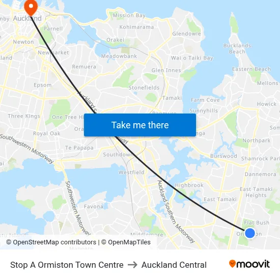 Stop A Ormiston Town Centre to Auckland Central map