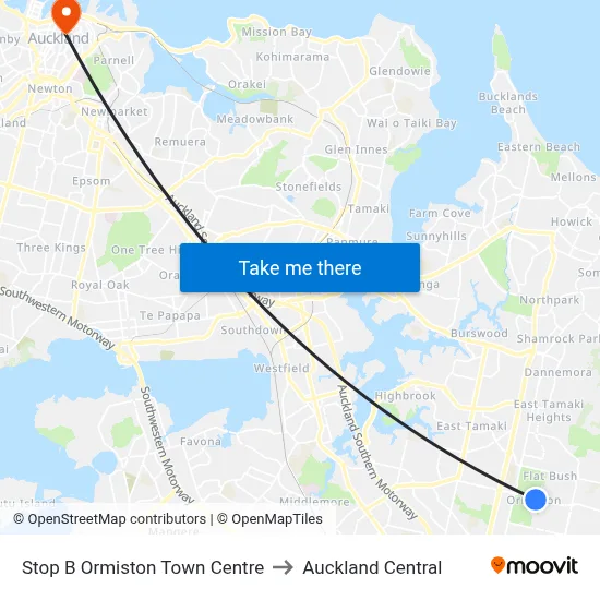 Stop B Ormiston Town Centre to Auckland Central map