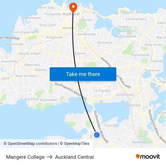 Mangere College to Auckland Central map