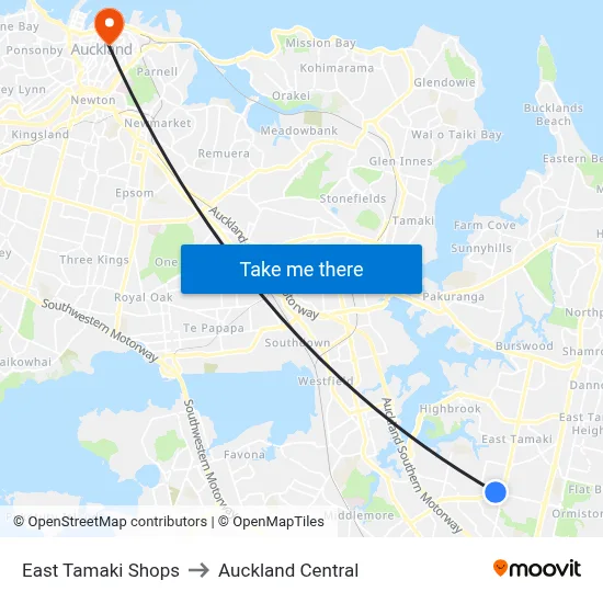 East Tamaki Shops to Auckland Central map