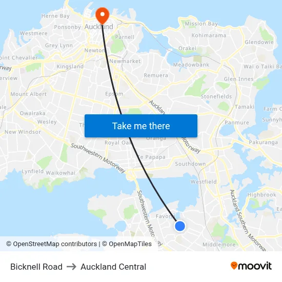 Bicknell Road to Auckland Central map