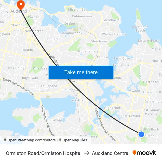 Ormiston Road/Ormiston Hospital to Auckland Central map