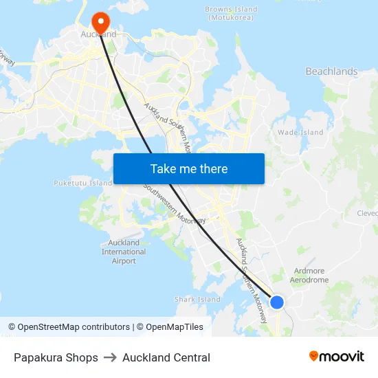 Papakura Shops to Auckland Central map