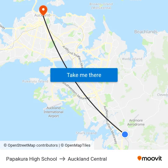 Papakura High School to Auckland Central map