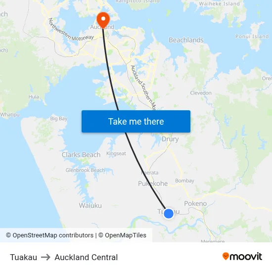 Tuakau to Auckland Central map