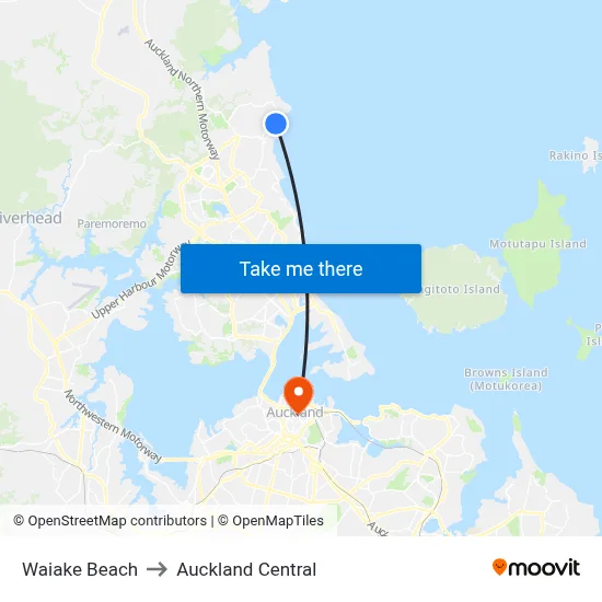 Waiake Beach to Auckland Central map