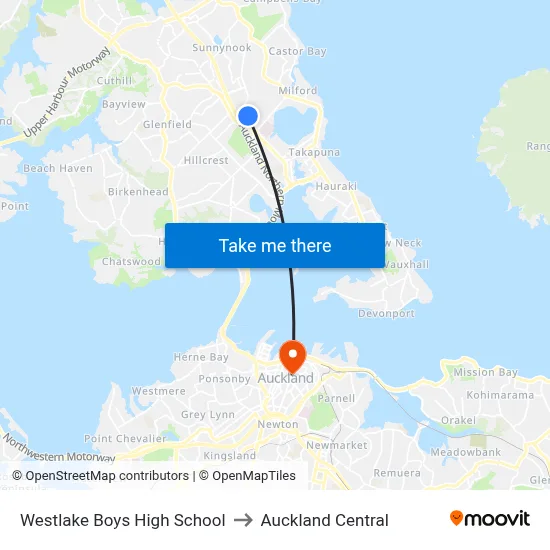 Westlake Boys High School to Auckland Central map
