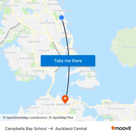 Campbells Bay School to Auckland Central map