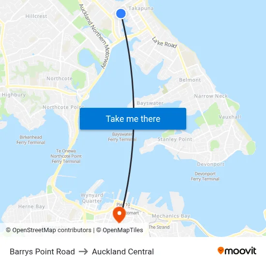 Barrys Point Road to Auckland Central map