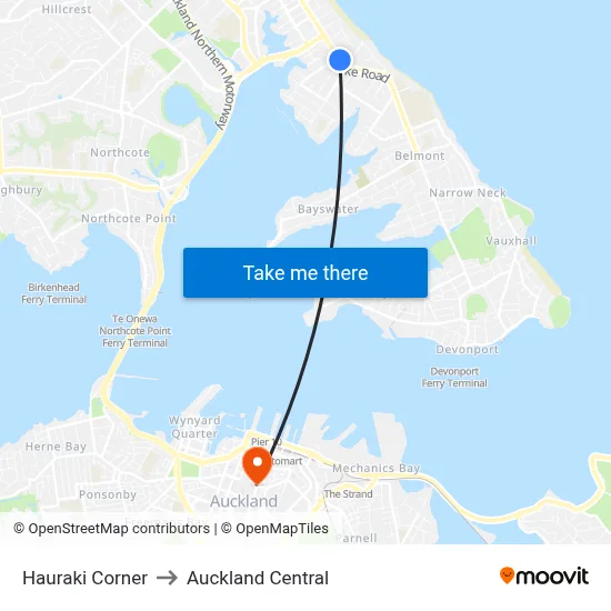Hauraki Corner to Auckland Central map