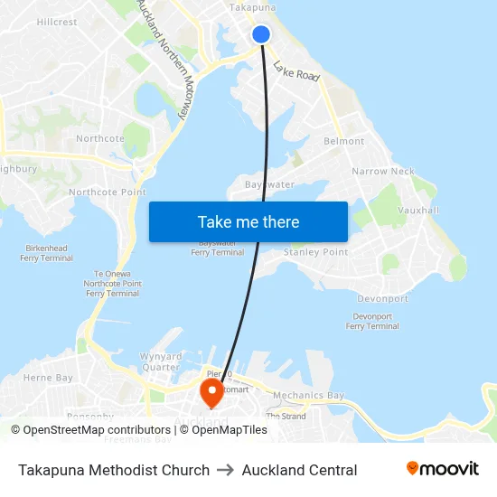 Takapuna Methodist Church to Auckland Central map