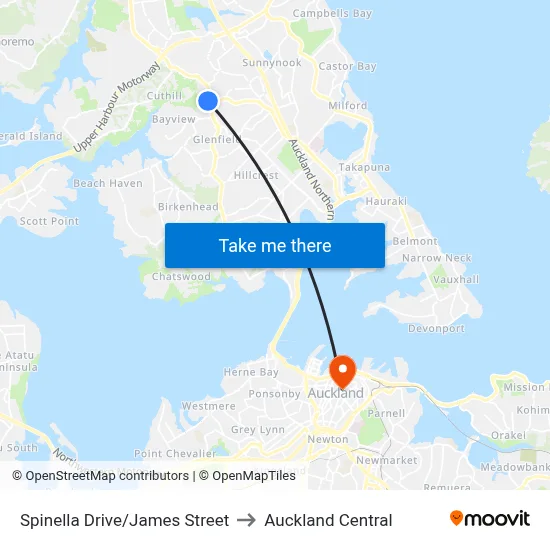 Spinella Drive/James Street to Auckland Central map
