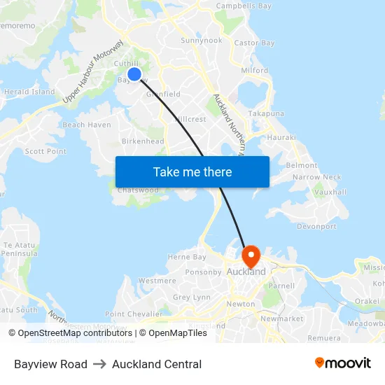 Bayview Road to Auckland Central map