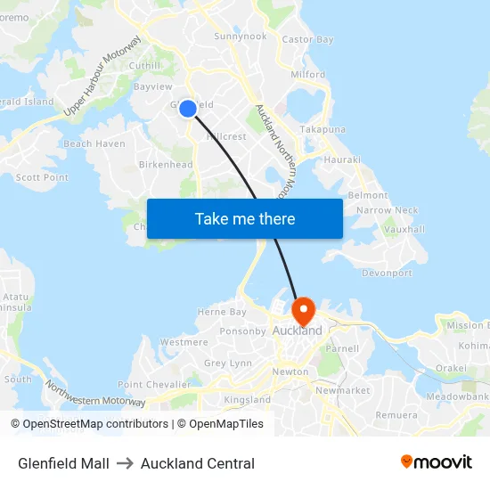 Glenfield Mall to Auckland Central map