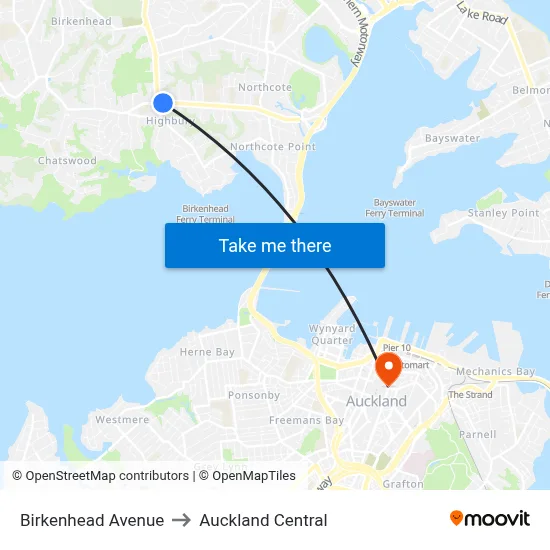 Birkenhead Avenue to Auckland Central map