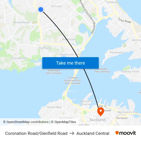 Coronation Road/Glenfield Road to Auckland Central map