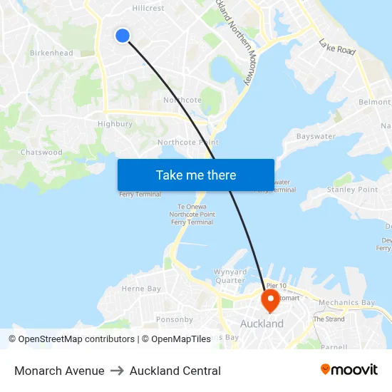 Monarch Avenue to Auckland Central map