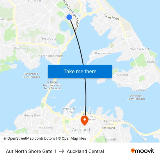 Aut North Shore Gate 1 to Auckland Central map