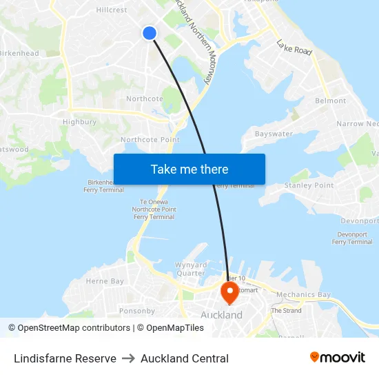 Lindisfarne Reserve to Auckland Central map
