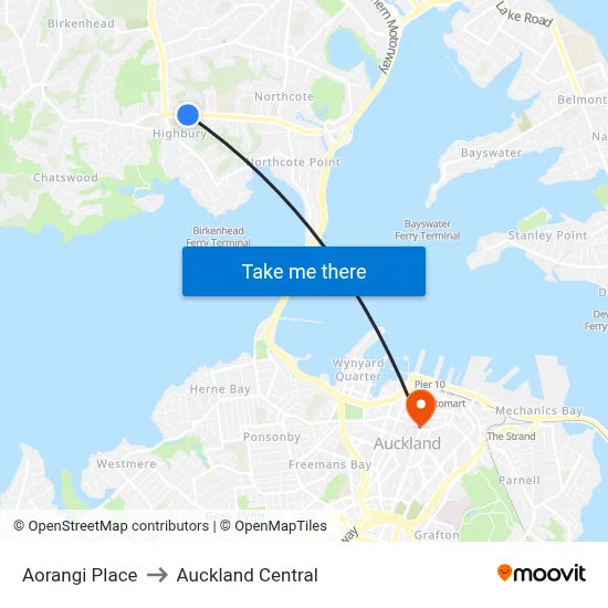 Aorangi Place to Auckland Central map