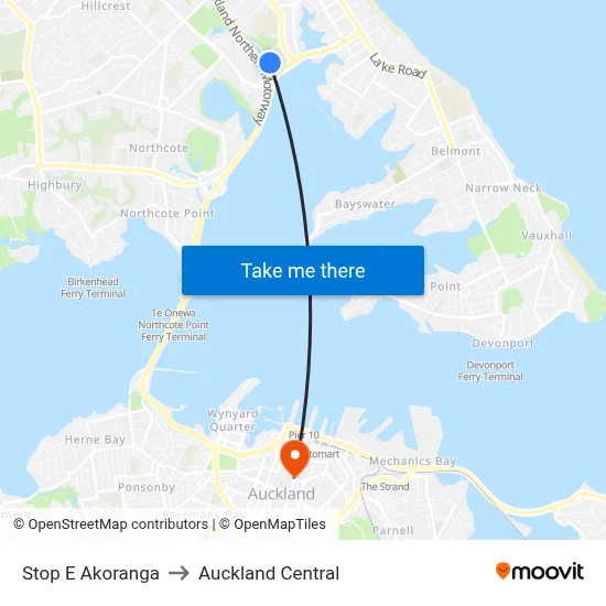 Stop E Akoranga to Auckland Central map