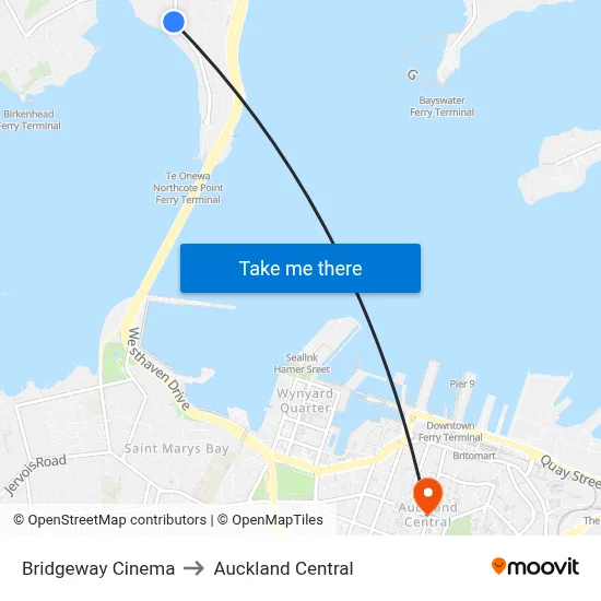 Bridgeway Cinema to Auckland Central map