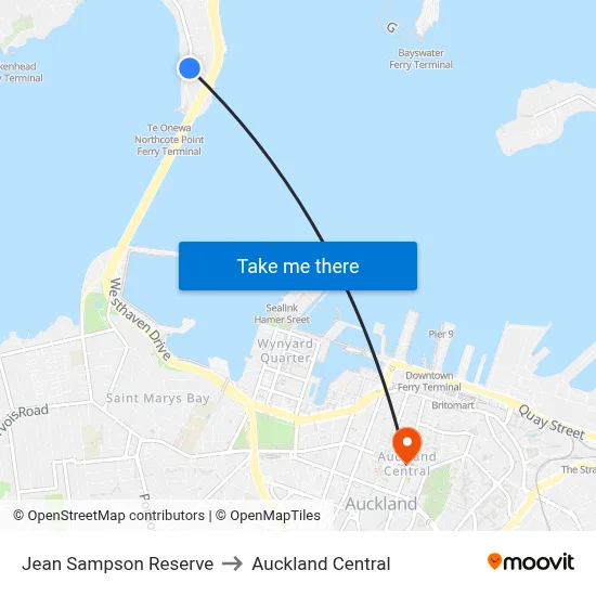 Jean Sampson Reserve to Auckland Central map