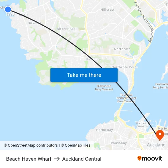 Beach Haven Wharf to Auckland Central map